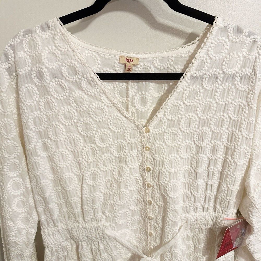 White‎ Eyelet Dress Tiered Embroidered Lined Cottagecore Prairie M By Reba Nwt